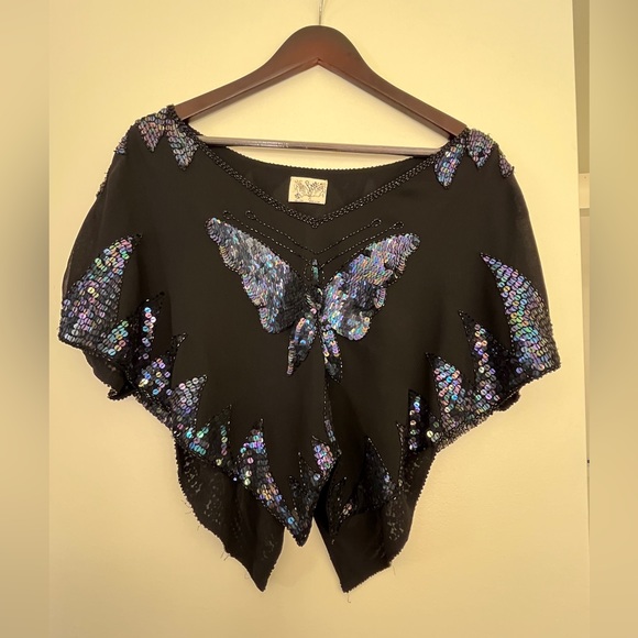 Free People Sequin Butterfly Beaded Crop Top in Black purple Size S/P - Picture 3 of 9